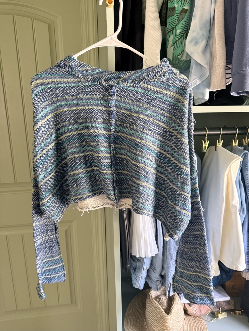 Free People Blue Striped Cropped Knit Sweater
